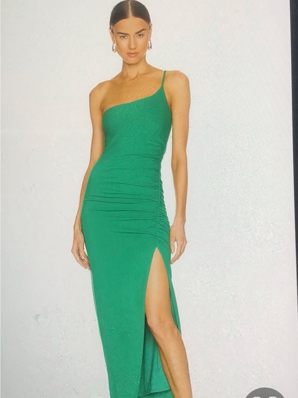 Lovers + Friends Nami One-Shoulder Ruched Side-Slit Dress in Seaglass Green